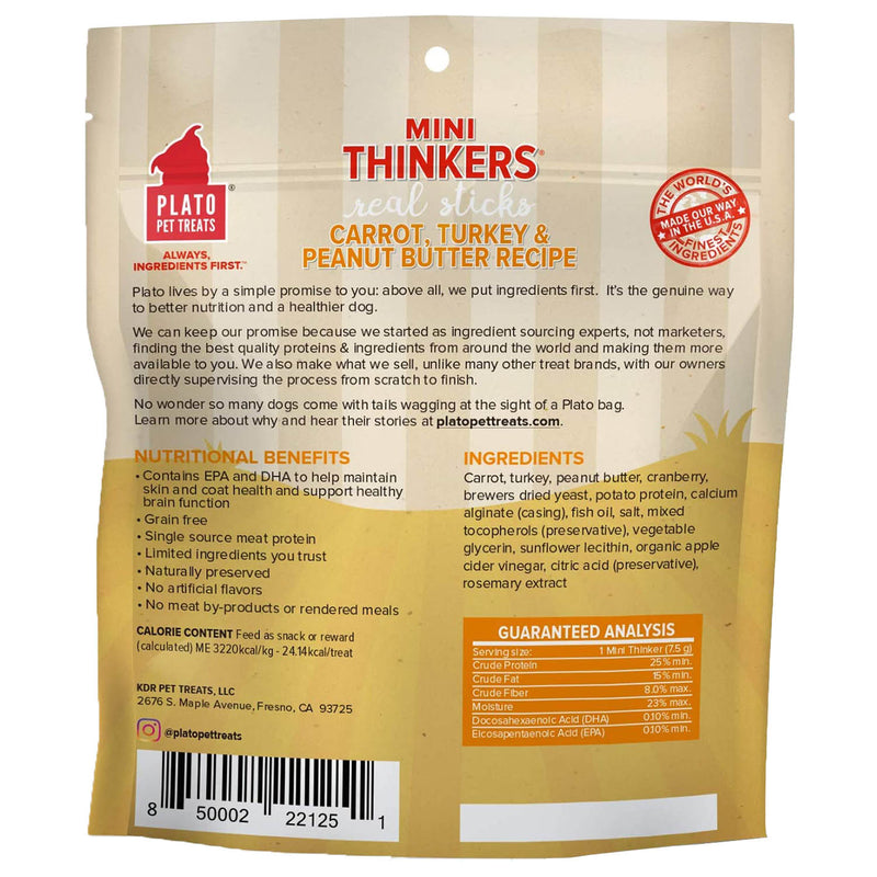 Plato Pet Treats Mini Thinkers Carrot, Turkey & Peanut Butter Recipe Grain-Free Dog Treats