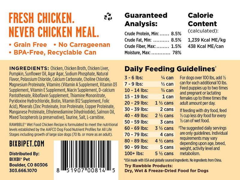 BIXBI RAWBBLE Chicken & Pumpkin Recipe Wet Dog Food (12.5-oz can, case of 12) - Petanada