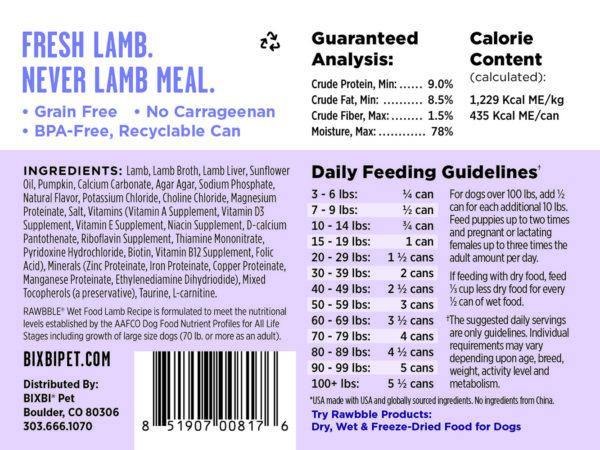 BIXBI RAWBBLE Lamb & Pumpkin Recipe Wet Dog Food (12.5-oz can, case of 12) - Petanada